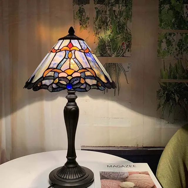 Alt view image 4 of 7 - Bieye L10683 Baroque Tiffany Style Stained Glass Table Lamp Night Light with 12 Inch Wide Blue Lampshade for Bedside Bedroom Living Room, 20 inch Tall