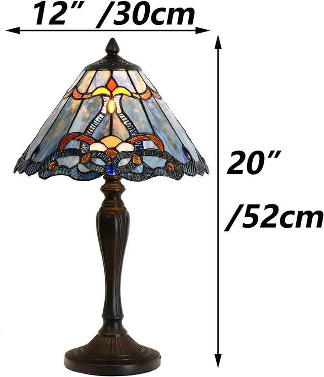 Alt view image 6 of 7 - Bieye L10683 Baroque Tiffany Style Stained Glass Table Lamp Night Light with 12 Inch Wide Blue Lampshade for Bedside Bedroom Living Room, 20 inch Tall