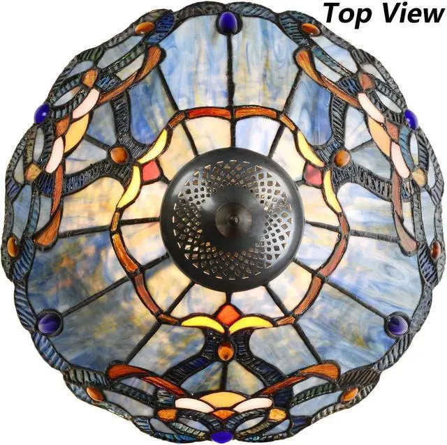 Alt view image 5 of 7 - Bieye L10683 Baroque Tiffany Style Stained Glass Table Lamp Night Light with 12 Inch Wide Blue Lampshade for Bedside Bedroom Living Room, 20 inch Tall
