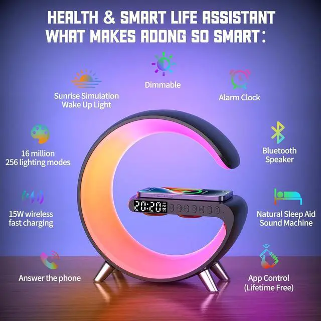 Alt view image 2 of 6 - Smart Wireless Charging Alarm Clock with Bluetooth Speaker, App Controlled Bedside Lamp Table Light and Night Light, Bedroom Home Decor, Gift for Girls Boys and Family for Birthday Christmas (Black)