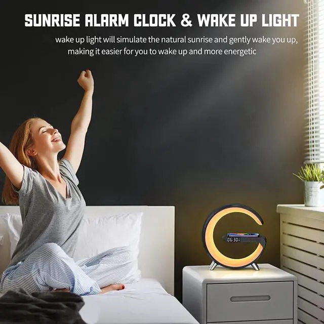 Alt view image 6 of 6 - Smart Wireless Charging Alarm Clock with Bluetooth Speaker, App Controlled Bedside Lamp Table Light and Night Light, Bedroom Home Decor, Gift for Girls Boys and Family for Birthday Christmas (Black)