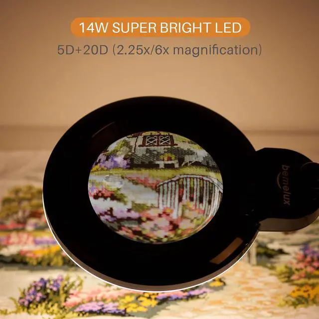 Alt view image 2 of 7 - Bifocals Magnifying Desk Lamp with Clamp, 5 Diopter with 20 Diopter, 6 Inch Detachable Lens and 120PCS LEDs, 3 Color Modes 1200 Lumens Swivel Arm Magnifying Lamp with Light for Crafts (Black)