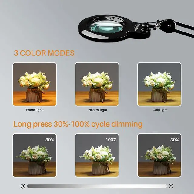 Alt view image 3 of 7 - Bifocals Magnifying Desk Lamp with Clamp, 5 Diopter with 20 Diopter, 6 Inch Detachable Lens and 120PCS LEDs, 3 Color Modes 1200 Lumens Swivel Arm Magnifying Lamp with Light for Crafts (Black)