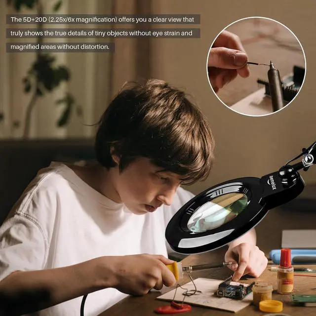 Alt view image 6 of 7 - Bifocals Magnifying Desk Lamp with Clamp, 5 Diopter with 20 Diopter, 6 Inch Detachable Lens and 120PCS LEDs, 3 Color Modes 1200 Lumens Swivel Arm Magnifying Lamp with Light for Crafts (Black)
