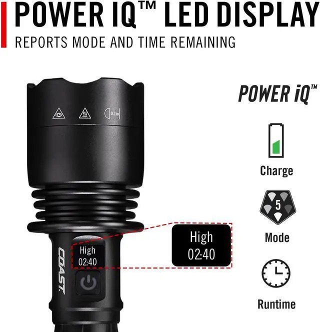 Alt view image 4 of 7 - Coast XP40R 8000 Lumen Rechargeable Dual-Power LED Flashlight with POWERiQ Real-TIME Display, 5 Light Modes, Ultra View Flood Beam, Push/Pull Focus