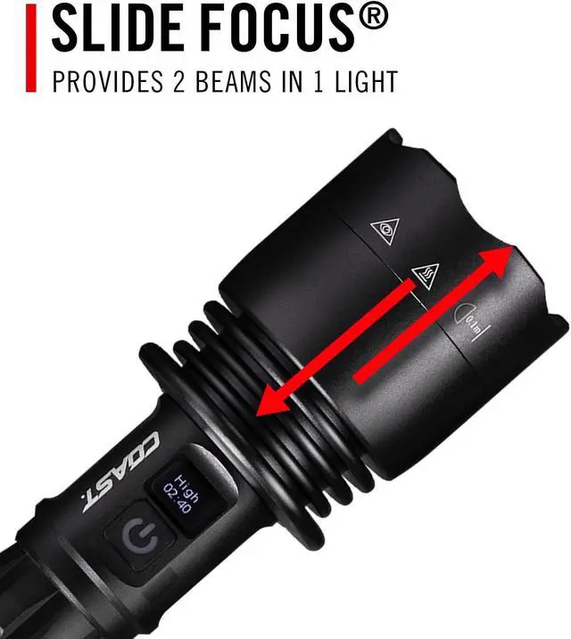 Alt view image 6 of 7 - Coast XP40R 8000 Lumen Rechargeable Dual-Power LED Flashlight with POWERiQ Real-TIME Display, 5 Light Modes, Ultra View Flood Beam, Push/Pull Focus
