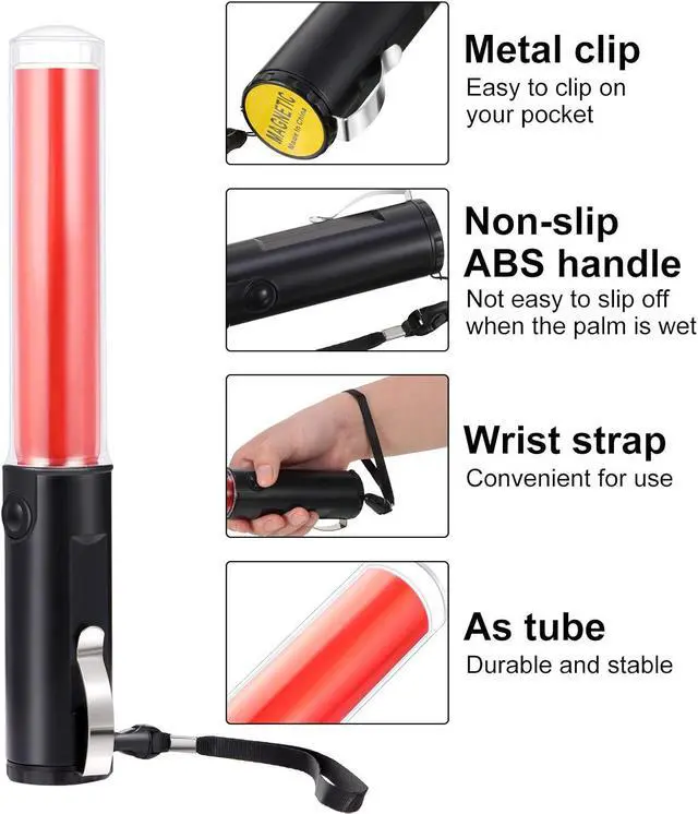 Alt view image 3 of 7 - Weewooday 2 Pack 11 Inch Traffic Wand, LED Signal Safety Air Traffic Control Wands with Flashlight Baton with 3 Flashing Modes, Wand for Parking Guides, Aircraft, Car Directing(Red)
