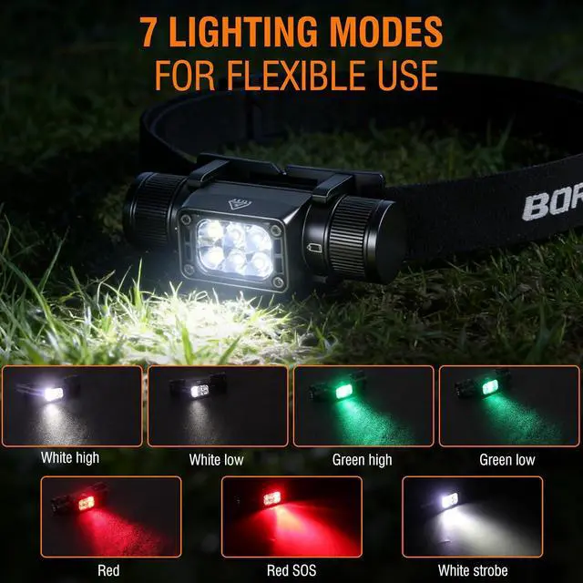 Alt view image 2 of 7 - BORUIT Headlamp with Red Green Light, Head Lamps Led Rechargeable Super Bright 1000 lumens, 180° Adjustable Head Light, 7 Modes, IP67 Waterproof for Camping Hiking Hunting and Running