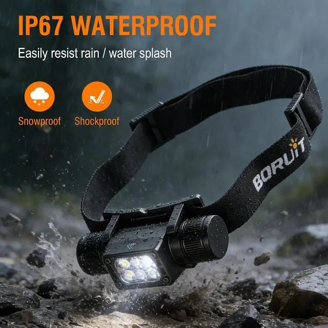 Alt view image 6 of 7 - BORUIT Headlamp with Red Green Light, Head Lamps Led Rechargeable Super Bright 1000 lumens, 180° Adjustable Head Light, 7 Modes, IP67 Waterproof for Camping Hiking Hunting and Running