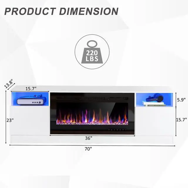 Alt view image 4 of 7 - AHB Fireplace TV Stand, LED Light Entertainment Center with 36 Electric Fireplace and Storage Cabinet, Media Console Table for TVs Up to 80 Inches, Ideal for Living Room, 70 Inches (White)