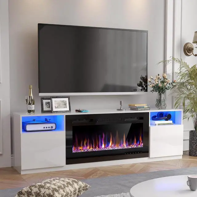Alt view image 5 of 7 - AHB Fireplace TV Stand, LED Light Entertainment Center with 36 Electric Fireplace and Storage Cabinet, Media Console Table for TVs Up to 80 Inches, Ideal for Living Room, 70 Inches (White)
