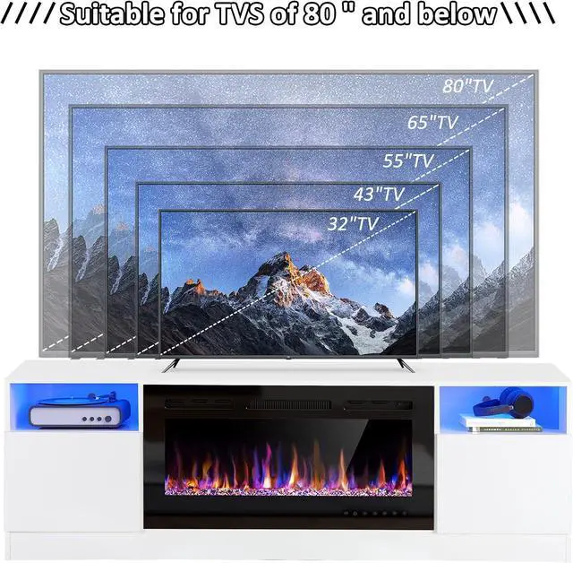 Alt view image 7 of 7 - AHB Fireplace TV Stand, LED Light Entertainment Center with 36 Electric Fireplace and Storage Cabinet, Media Console Table for TVs Up to 80 Inches, Ideal for Living Room, 70 Inches (White)