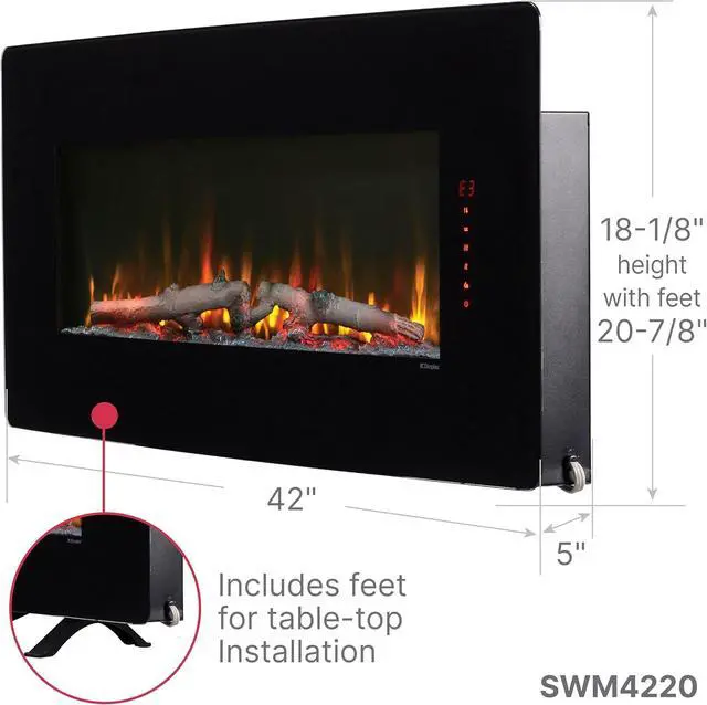 Alt view image 2 of 7 - Dimplex Winslow 42 Inch Wall Mounted Electric Fireplace - Heater with Realistic LED Flames, Curved Glass, 3 Media Beds, Side Glow Lighting, Remote, Wall or Tabletop for Living Room - Black, 1400W