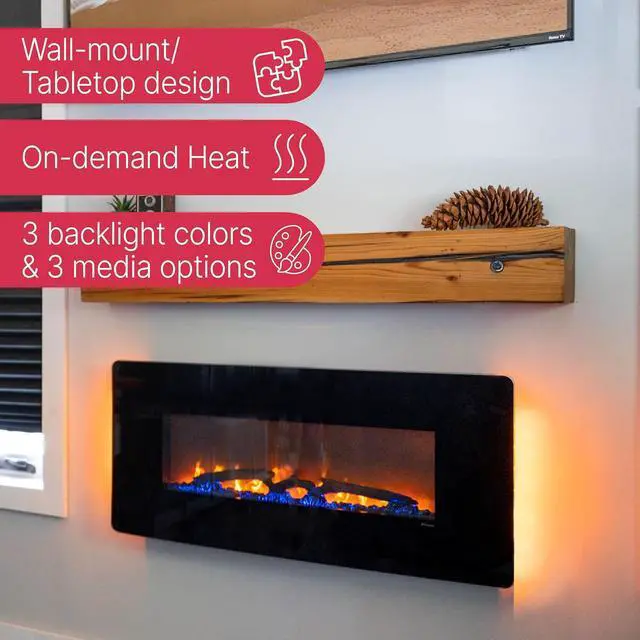 Alt view image 4 of 7 - Dimplex Winslow 42 Inch Wall Mounted Electric Fireplace - Heater with Realistic LED Flames, Curved Glass, 3 Media Beds, Side Glow Lighting, Remote, Wall or Tabletop for Living Room - Black, 1400W