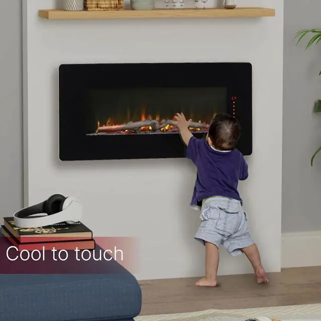 Alt view image 5 of 7 - Dimplex Winslow 42 Inch Wall Mounted Electric Fireplace - Heater with Realistic LED Flames, Curved Glass, 3 Media Beds, Side Glow Lighting, Remote, Wall or Tabletop for Living Room - Black, 1400W