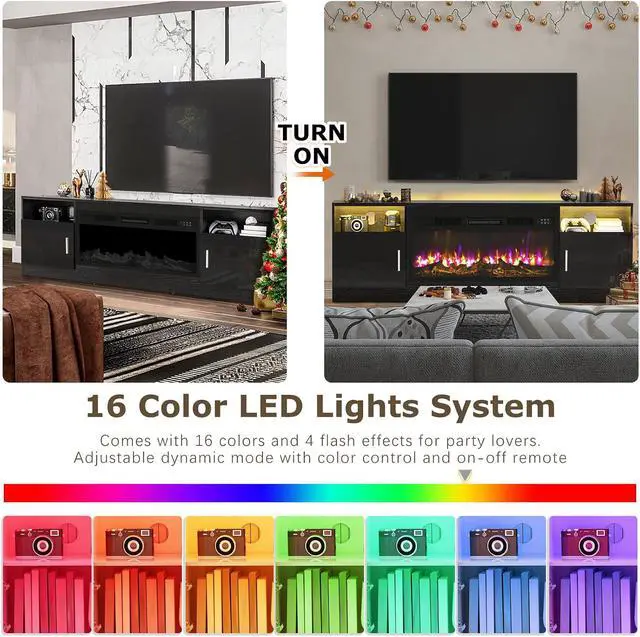 Alt view image 2 of 7 - PUKAMI 70 Fireplace TV Stand with 36" Electric Fireplace for TVs Up to 80", LED Light Entertainment Center with Highlight Storage Cabinet, Modern Wood Media TV Console for Living Room, Black