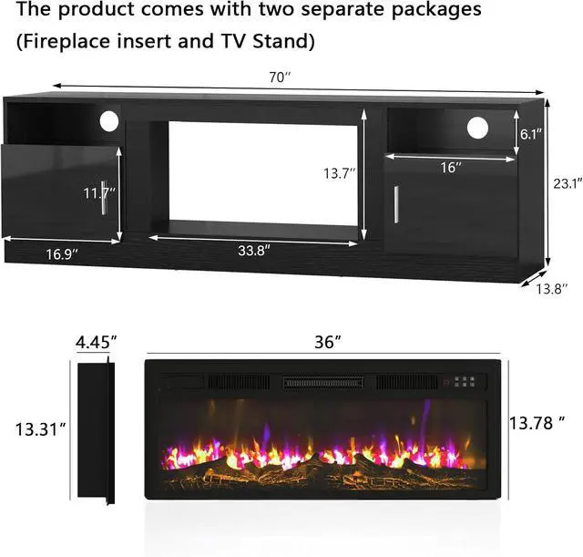 Alt view image 7 of 7 - PUKAMI 70 Fireplace TV Stand with 36" Electric Fireplace for TVs Up to 80", LED Light Entertainment Center with Highlight Storage Cabinet, Modern Wood Media TV Console for Living Room, Black