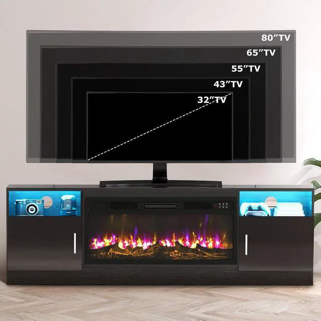 Alt view image 4 of 7 - PUKAMI 70 Fireplace TV Stand with 36" Electric Fireplace for TVs Up to 80", LED Light Entertainment Center with Highlight Storage Cabinet, Modern Wood Media TV Console for Living Room, Black