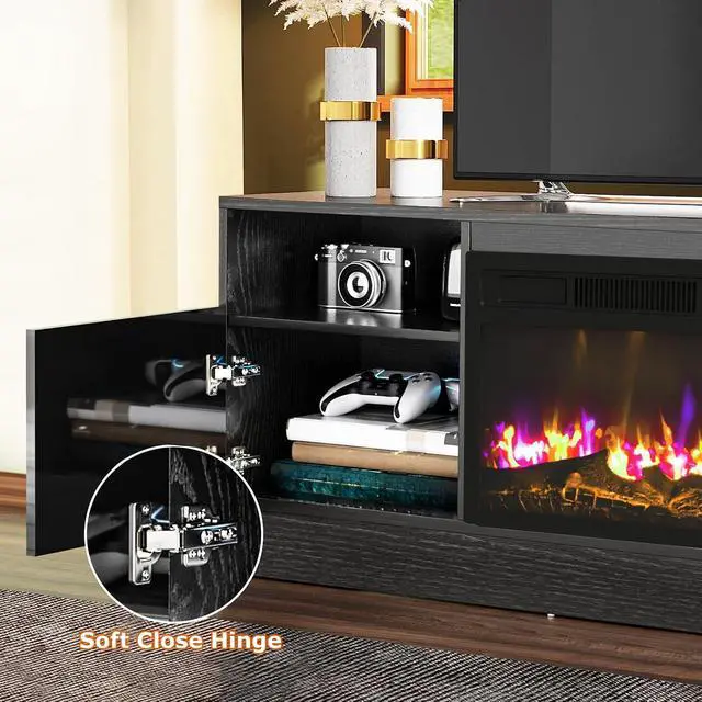 Alt view image 5 of 7 - PUKAMI 70 Fireplace TV Stand with 36" Electric Fireplace for TVs Up to 80", LED Light Entertainment Center with Highlight Storage Cabinet, Modern Wood Media TV Console for Living Room, Black