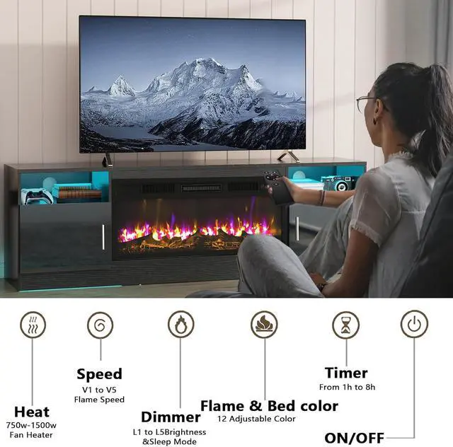 Alt view image 6 of 7 - PUKAMI 70 Fireplace TV Stand with 36" Electric Fireplace for TVs Up to 80", LED Light Entertainment Center with Highlight Storage Cabinet, Modern Wood Media TV Console for Living Room, Black