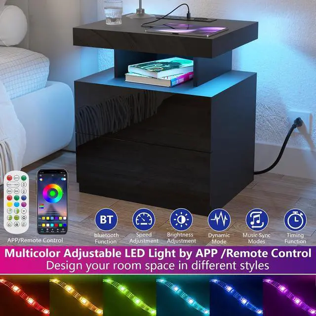 Alt view image 4 of 7 - HOMMPA Nightstand with Charging Station and LED Light, Smart Nightstand with USB Port & Wireless Charging, Modern Night Stand with 2 Drawer, Black Beside Table with High Gloss Surface for Bedroom