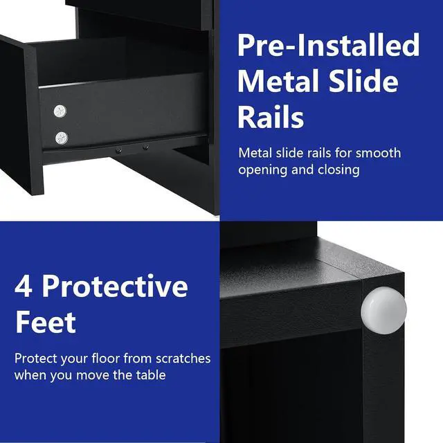 Alt view image 7 of 7 - HOMMPA Nightstand with Charging Station and LED Light, Smart Nightstand with USB Port & Wireless Charging, Modern Night Stand with 2 Drawer, Black Beside Table with High Gloss Surface for Bedroom