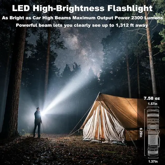 Alt view image 3 of 7 - SuperFire Tactical Flashlight Rechargeable, USB-C 2300 Lumens LED Flashlight with Zoom, 5 Modes, IP46 Waterproof for Camping, Emergency & Power Outages