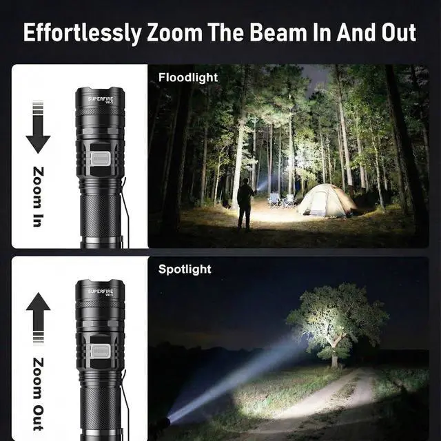 Alt view image 4 of 7 - SuperFire Tactical Flashlight Rechargeable, USB-C 2300 Lumens LED Flashlight with Zoom, 5 Modes, IP46 Waterproof for Camping, Emergency & Power Outages