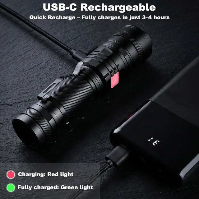 Alt view image 7 of 7 - SuperFire Tactical Flashlight Rechargeable, USB-C 2300 Lumens LED Flashlight with Zoom, 5 Modes, IP46 Waterproof for Camping, Emergency & Power Outages