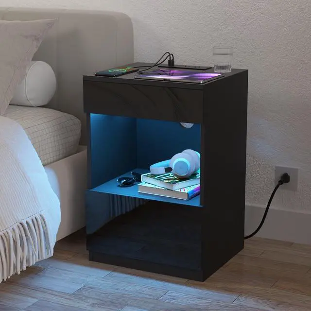 Alt view image 6 of 7 - HOMMPA Open Shelf LED Nightstand with Charging Station 2 Drawers Bedside Table Black Night Stand with Storage Smart Nightstands High Gloss Night Table with Led Light for Bedroom Furniture