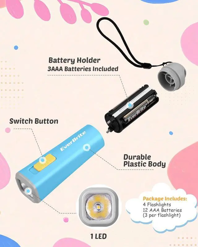 Alt view image 6 of 7 - EverBrite 4-Pack Mini LED Plastic Flashlights, Assorted Colors Portable Torch Lights with Lanyard, Small Flashlight for Emergencies and Camping, 3 AAA Batteries Included