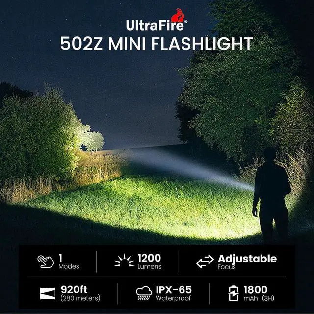 Alt view image 2 of 6 - ULTRAFIRE 1200 High Lumen Single Mode Tactical Flashlight, Zoomable Mini LED Handheld Flashlight IPX65 Waterproof, Small Bright Pocket Light for Camping, Hiking, Emergency (502z)