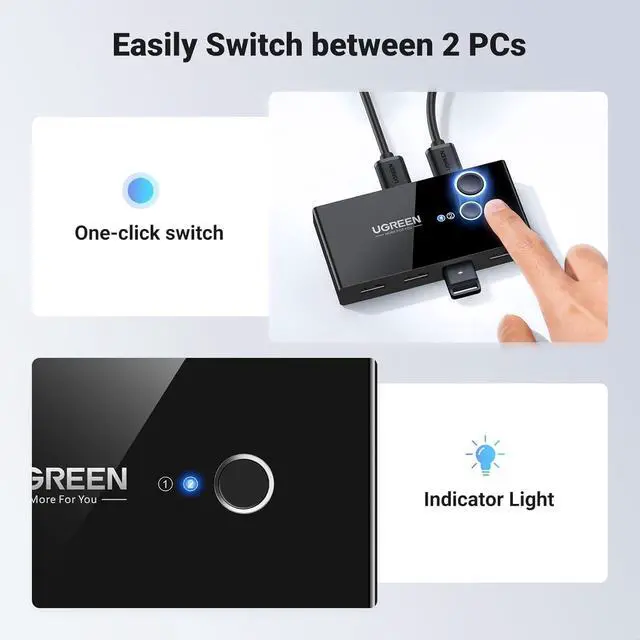 Alt view image 7 of 7 - UGREEN USB 3.0 Switch Selector 2 Computers Share 4 USB Ports USB Switcher USB for PC Laptop Keyboard Mouse Printer Scanner One Button Switch Adapter with 2 Pack USB 3.0 Cables