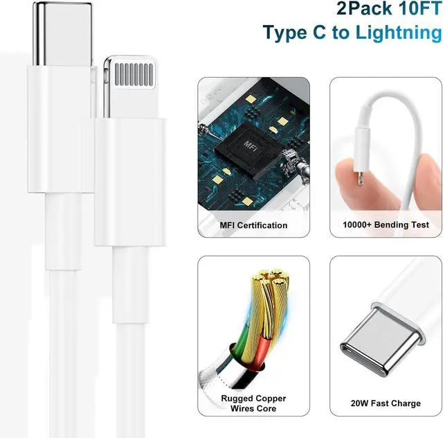 Alt view image 5 of 7 - for iPhone Charger Fast Charging 10 FT, Long USB C to Lighting Cable 10 Foot with 20W USB C Rapid Phone Charger Block, Compatible with iPhone 14 Pro/13Pro Max/12/11Pro/Mini, 2 Pack-White