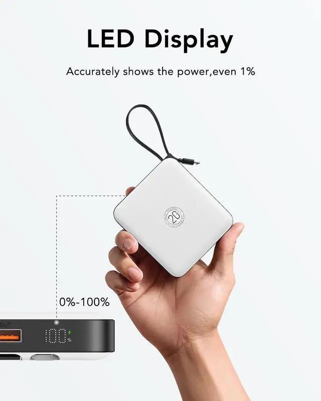 Alt view image 3 of 7 - VRURC Battery Pack Portable Charger 10000mAh, 22.5W Fast Charging | Power Bank with Built-in Cable, LED Display for Cell Phone, for iPhone 17 16 15, Samsung Galaxy and USB-C Devices (White)