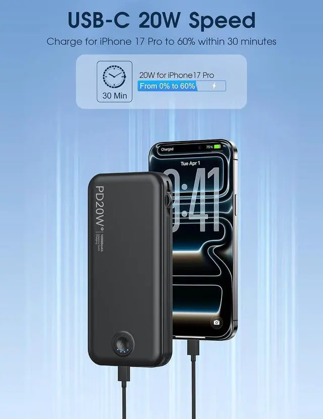 Alt view image 4 of 7 - Nusyddy Portable Charger 10000mAh Fast Charging w/Built-in Wall Plug Black | PD20W Fast Charging, LED Indicator, Pass Through Charging, TSA Approved, Compact/Slim, Power Bank for iPhone/iPad/Samsung
