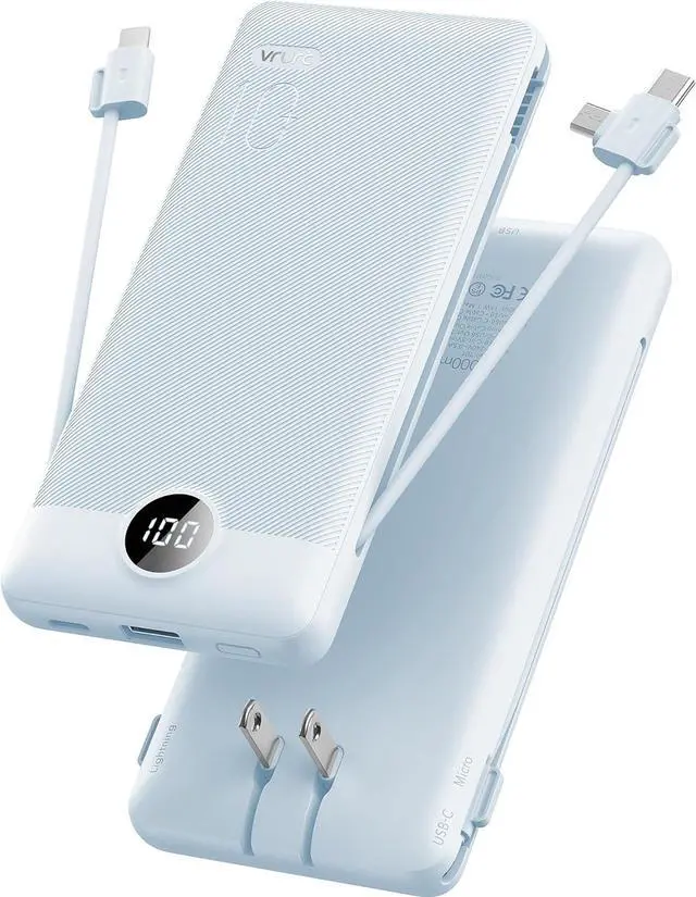 Main image of VRURC Portable Charger, Power Bank Built-in Cables and AC Wall Plug | USB C Power Bank 10000mAh, Travel Essentials Phone Charger Compact External Battery Pack For Smart Phones, Tablets etc-Blue