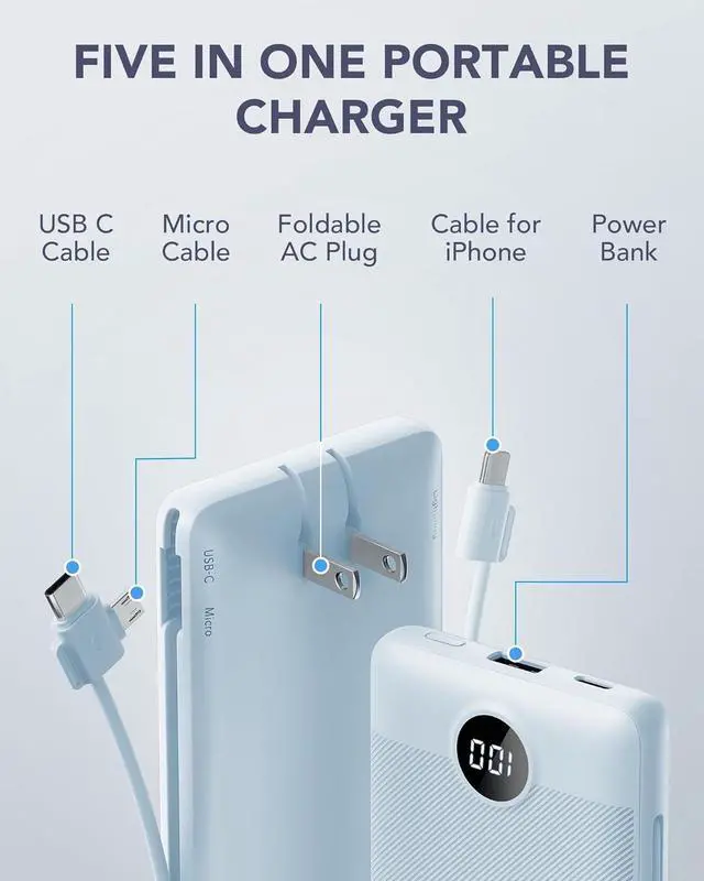 Alt view image 3 of 7 - VRURC Portable Charger, Power Bank Built-in Cables and AC Wall Plug | USB C Power Bank 10000mAh, Travel Essentials Phone Charger Compact External Battery Pack For Smart Phones, Tablets etc-Blue