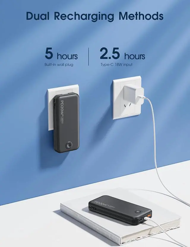 Alt view image 7 of 7 - Nusyddy Portable Charger 10000mAh Fast Charging w/Built-in Wall Plug Black | PD20W Fast Charging, LED Indicator, Pass Through Charging, TSA Approved, Compact/Slim, Power Bank for iPhone/iPad/Samsung