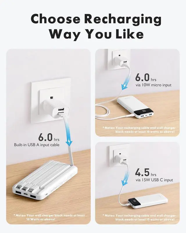 Alt view image 4 of 7 - charmast Portable Charger with Reinforced Built-in 4 Cables,10000mAh Power Bank Travel Essentials 6 Outputs 3 Inputs 3A Fast Charging Compatible with iPhone iPad Samsung Google Pixel LG Moto etc.