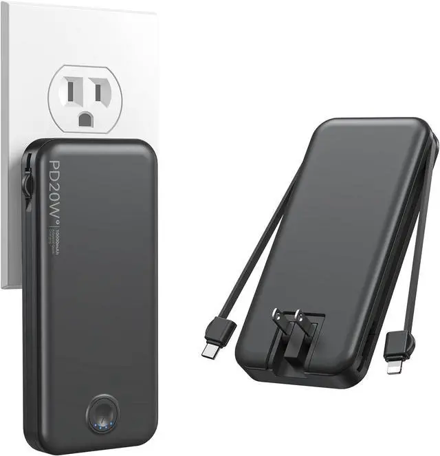 Main image of Nusyddy Portable Charger 10000mAh Fast Charging w/Built-in Wall Plug Black | PD20W Fast Charging, LED Indicator, Pass Through Charging, TSA Approved, Compact/Slim, Power Bank for iPhone/iPad/Samsung