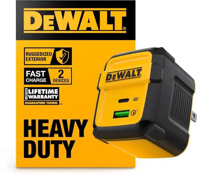 Main image of DEWALT Heavy Duty 49.5W Dual USB & USB C Charger Block (Cable Not Included), USBC Power Adapter, 2 Port Compact Foldable Fast Wall Charger for iPhone 17/16/15/14 Galaxy Pixel 4/3 iPad - Black & Yellow