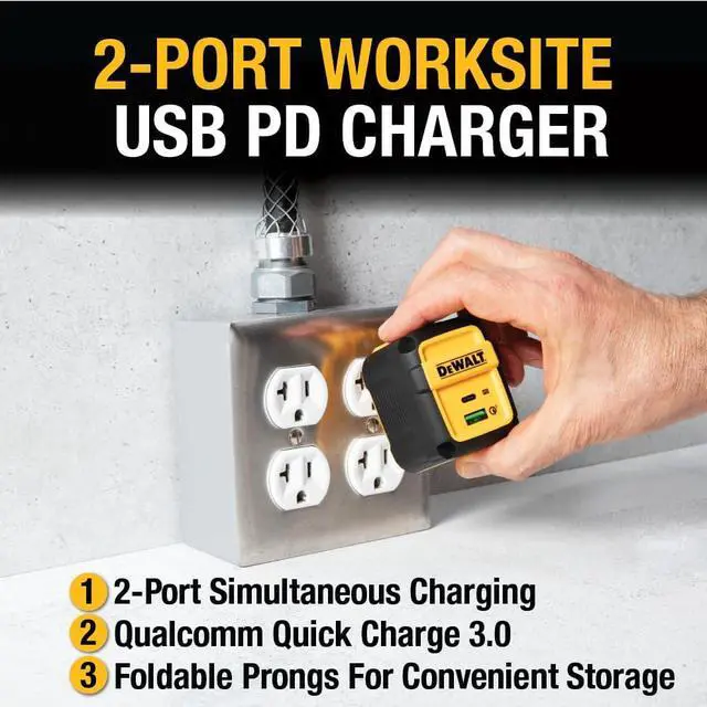 Alt view image 4 of 7 - DEWALT Heavy Duty 49.5W Dual USB & USB C Charger Block (Cable Not Included), USBC Power Adapter, 2 Port Compact Foldable Fast Wall Charger for iPhone 17/16/15/14 Galaxy Pixel 4/3 iPad - Black & Yellow
