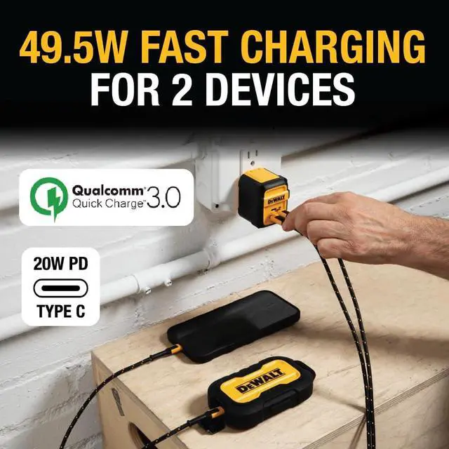 Alt view image 6 of 7 - DEWALT Heavy Duty 49.5W Dual USB & USB C Charger Block (Cable Not Included), USBC Power Adapter, 2 Port Compact Foldable Fast Wall Charger for iPhone 17/16/15/14 Galaxy Pixel 4/3 iPad - Black & Yellow