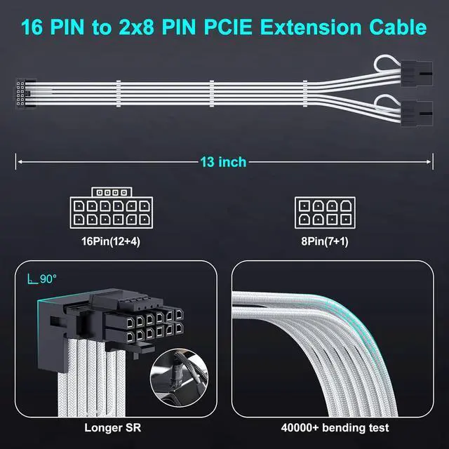 Alt view image 5 of 7 - 16Pin Right Angled RTX 4070 Ti GPU Power Extension Cable, PCIE 5.0 16Pin Male to 2x8Pin Female 12VHPWR 90 Degree GPU Power Adapter Cable for Geforce RTX 4070 5080 5070Ti-13 inch White