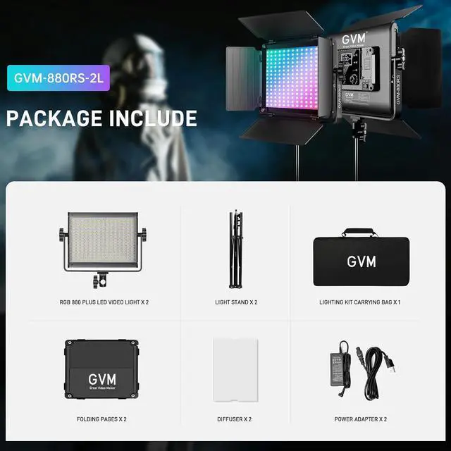 Alt view image 7 of 7 - GVM RGB LED Video Light with Bluetooth Control, 60W Photography Studio Lighting Kit with Stands, 2-Packs 880RS Dimmable Led Panel Light for YouTube, Streaming, Gaming, 8 Applicable Scenes, CRI97