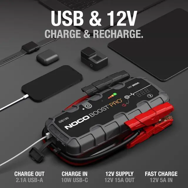 Alt view image 4 of 6 - NOCO Boost GB150: 3000A UltraSafe Jump Starter 12V Lithium Battery Booster Pack, Portable Jump Box, Power Bank & Jumper Cables - for 9.0L Gas and 7.0L Diesel Engines