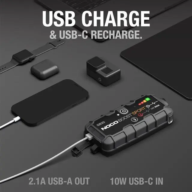 Alt view image 4 of 6 - NOCO Boost GB20: 500A UltraSafe Jump Starter 12V Lithium Battery Booster Pack, Portable Jump Box, Power Bank & Jumper Cables - for 4.0L Gas Engines