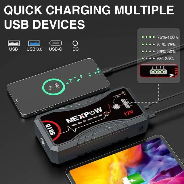 Alt view image 3 of 7 - NEXPOW Car Jump Starter 2026 Upgraded Car Battery Jump Starter Pack 3000A Peak for Up to 9.0L Gas and 7.0L Diesel Engine 12V Auto Battery starter Jumper Cables Portable Lithium Jump Box with USB QC3.0