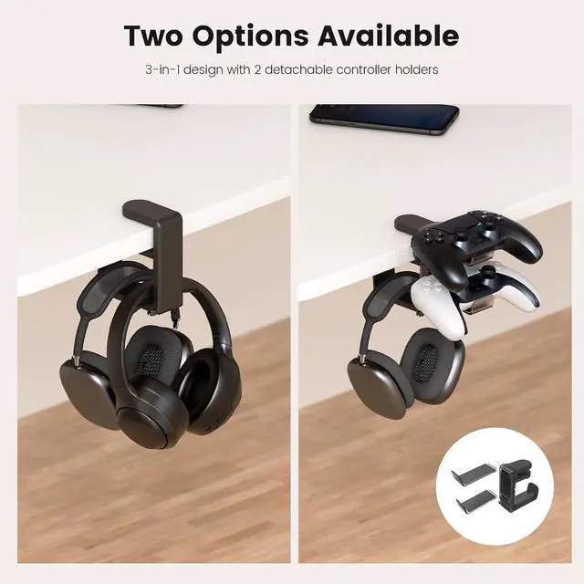 Alt view image 6 of 6 - 3in1 Rotating Headphone Holder - EURPMASK 3in1 PC Gaming Headset Holder w/Detachable Controller Holder, Adjustable Clamp-on Headset Stand,Headphone Hanger Hook Under Desk w/Cable Clip Organizer